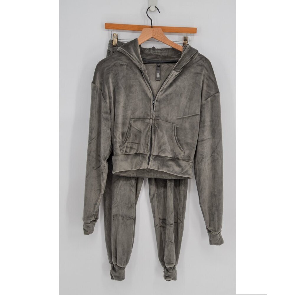 Skims Velour Zip Up Hoodie and Jogger Pants Track Suit Set Dark Gray Women's S M